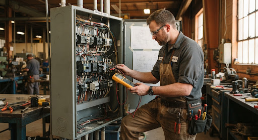 A focused journeyman electrician inspecting an industrial panel box