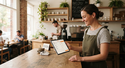 An authentic local specialty cafe owner checking incoming orders on an iPad